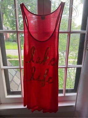 Redish/Coral ‘Lake Life' Graphic Tank Top with Gold Script - size medium